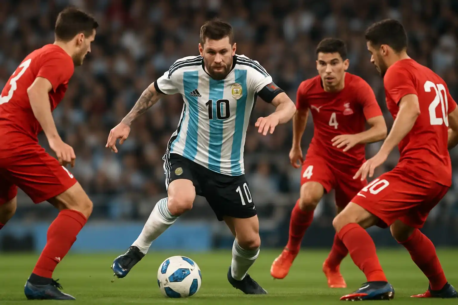 Lionel Messi rê bóng lắt léo qua hàng thủ đối phương